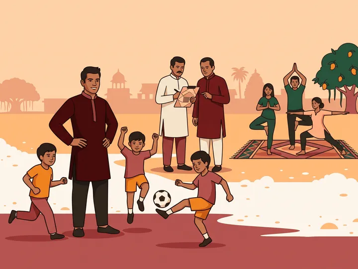 Coaches, officials and players at a community sports ground in Gujarat.
