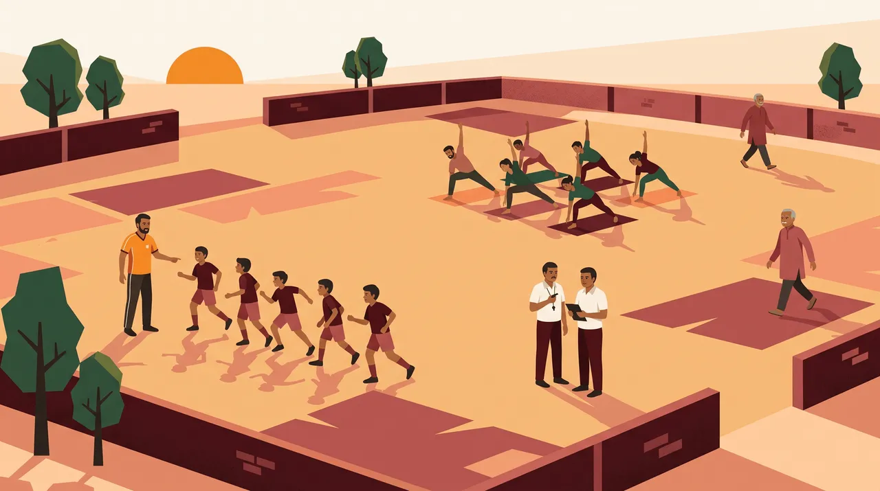A community sports ground in Gujarat early in the morning, with coaching, officiating and yoga all underway.
