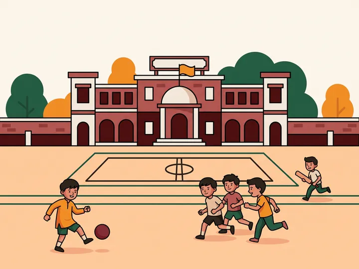 A school sports ground with students playing and a coach supervising.